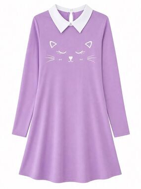 Kawaii Cat Face Peter Pan Collar Dress Purple Long Sleeve Juniors M